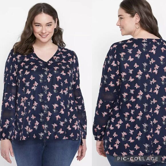Lane Bryant Butterfly Navy Blue Long Sleeve Button Front Shirt Women’s 14/16 - Picture 1 of 12